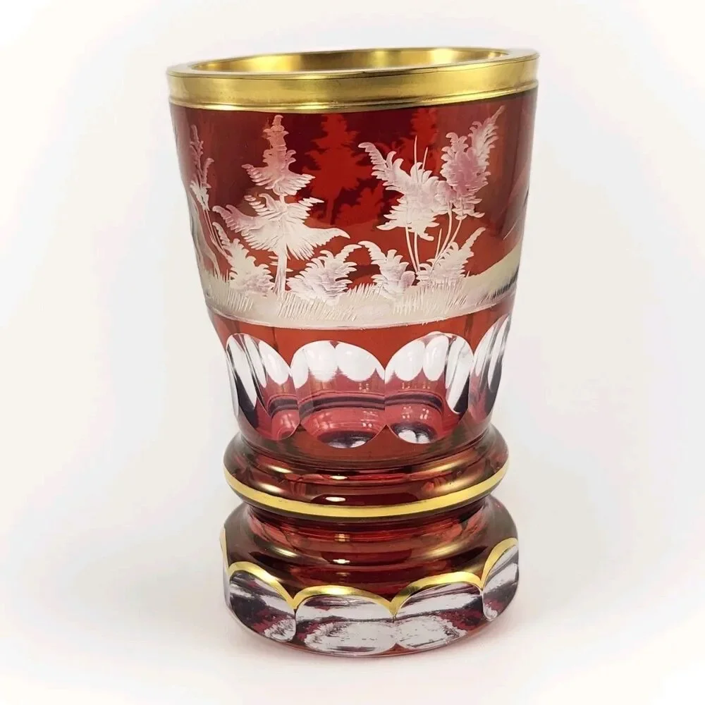 Bohemian Ruby Red Cut to Clear Goblet Glass Stag Deer Elk Hunting Cup Czech Vase